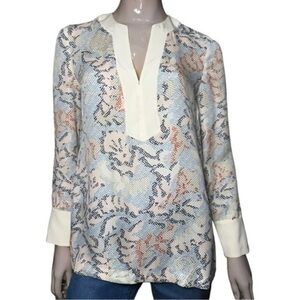 Tory Burch Size 2 Blue Pink Silk Snake Print Dahlia Jacquard Split V-Neck Tunic